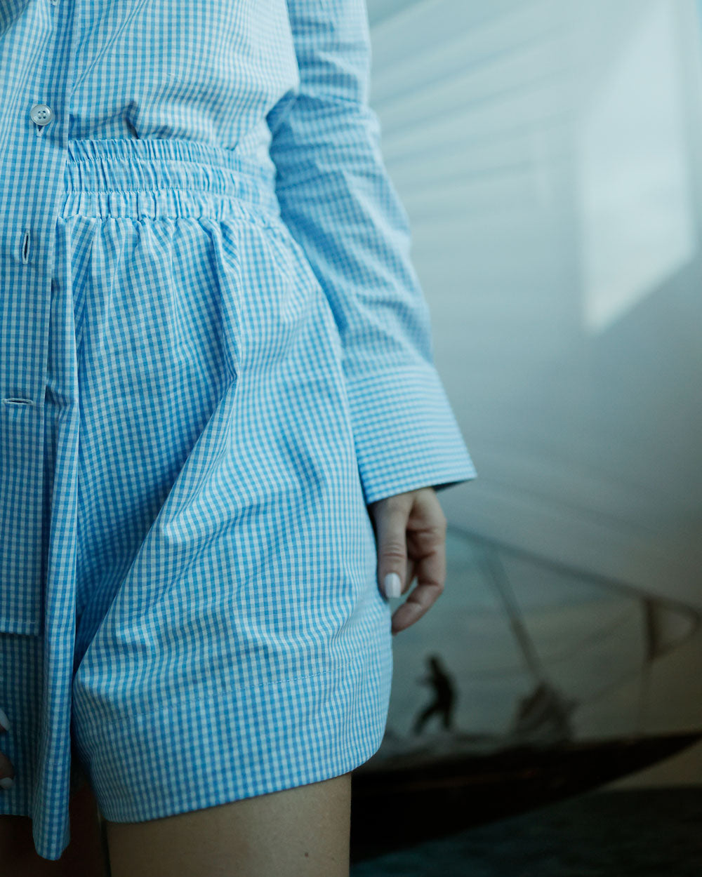 Short Feminino em Tricoline Xadrez Azul Claro